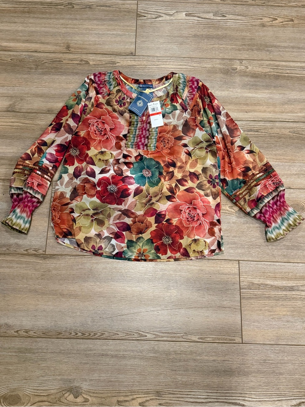 Democracy Multicolor Floral Peasant Blouse with Smocked Cuffs